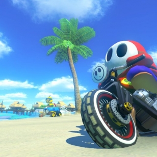 Mario Kart 8 kurvailee trailereilla ja sateenkaaritien kuvilla